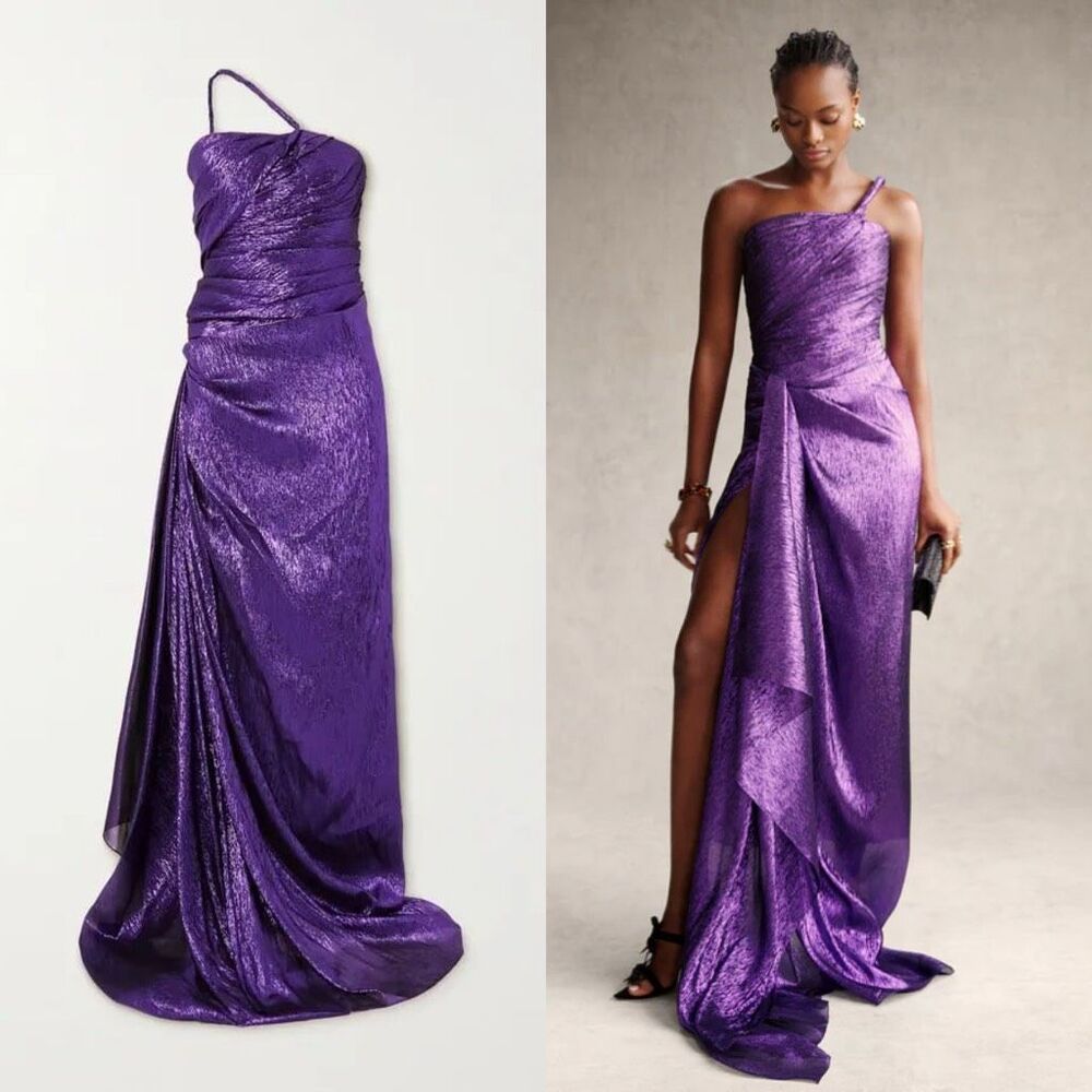 NWT OSCAR DE LA RENTA One-Shoulder Draped Silk-Blend Lamé Gown Size 10 $7995